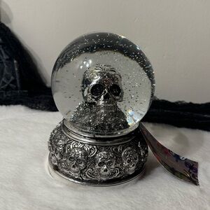 brand new Christian Lacroix Home Silver Skull Halloween snow globe table decor